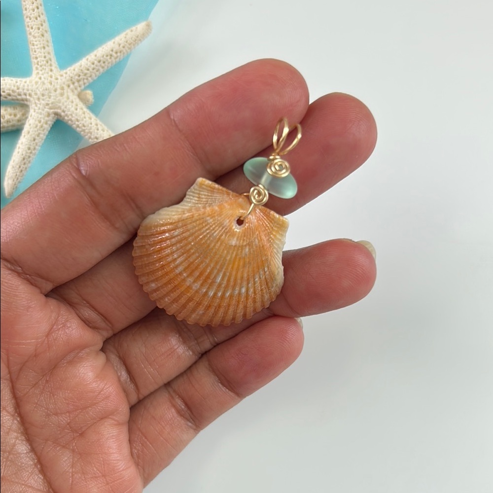 Sunny Calico Shell Pendant with Sea glass